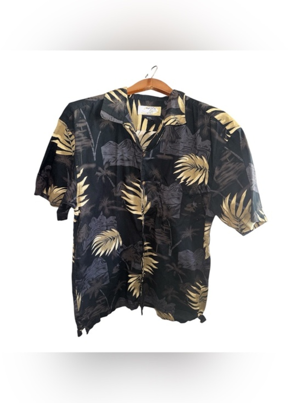 High Surf Men's XL Black Hawaiian Shirt with Gold Palm Print 100% Cotton Beach